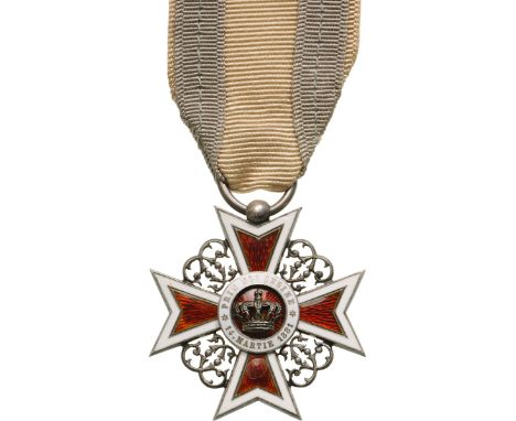 Knight 's Cross, 1st Model, Civil. Breast Badge, 36 mm, Silver, both sides enameled, original ring and private ribbon. Scarce