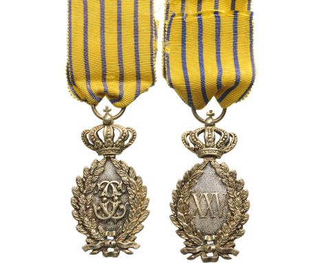 Breast Badge, 60x32 mm, gilt Silver, hallmarked "2 dolphins", original ring and ribbon, for officers who served 25 years in t