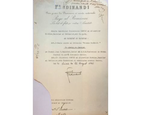 Knight's Cross, 1st Model, Civil. Awarding document, dated 22.08.1922, original signature of King Ferdinand I. Rare document 