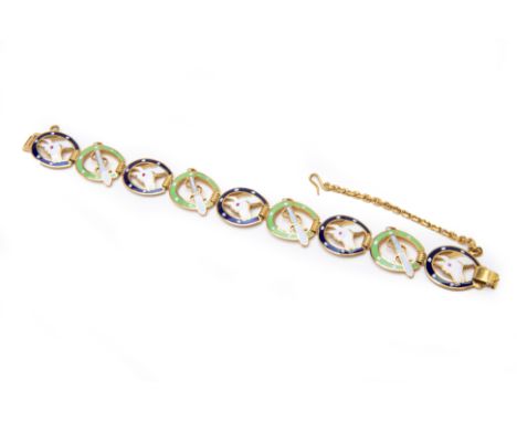 A GOLD AND ENAMEL HORSE THEMED BRACELET
Set in 22k yellow gold, with alternating horseshoe and horse's head links
Marked to t