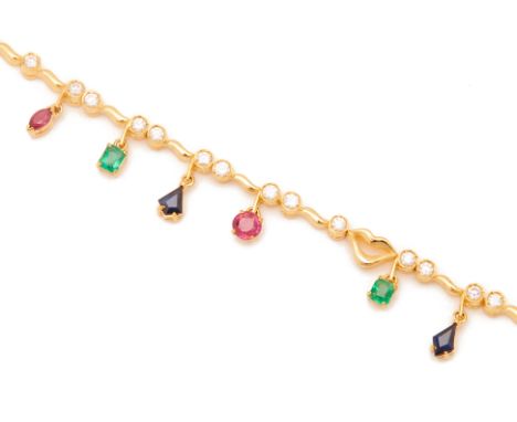 A GOLD, DIAMOND AND MULTI-GEM SET BRACELET
18k gold, set with round brilliant cut diamonds, with one link in the form of a pa