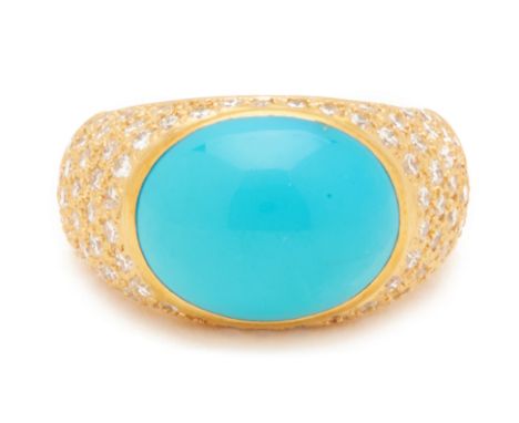 A TURQUOISE AND DIAMOND RING
Set in 18k yellow gold, of bombe shape, the turquoise cabochon within a surround of pave set rou