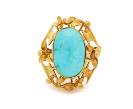 A TURQUOISE SINGLE STONE RING
Set in 14k gold, the oval turquoise cabochon within a foliate surround
US ring size 6
8g
Condit