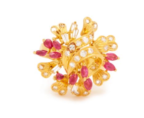 A RUBY AND DIAMOND COCKTAIL RING
Set in 14k gold, of stylised foliate design with marquise and pear shaped rubies, round bril