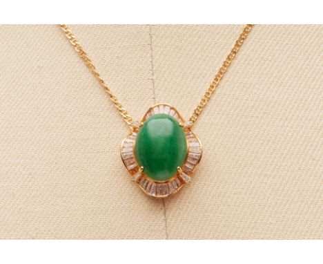 A JADE AND DIAMOND PENDANT ON CHAIN
In 14k yellow gold, the central cabochon jade within a radiating surround of tapered bagu