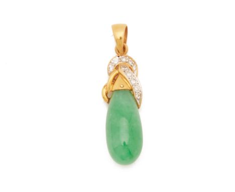 A JADE AND DIAMOND PENDANT
Set in 20k yellow gold with diamond decorated twists above a jade drop
Marked '850' to the bale
3c