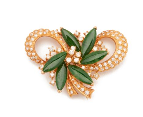 A JADE AND DIAMOND FOLIATE BOW BROOCH
In 14k gold, set with navette shaped jade cabochons and round brilliant cut diamonds
Ma