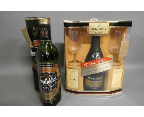 One bottle Glenfiddich pure malt scotch whisky, in tube, together with a boxed Remy Martin VSOP fine champagne cognac boxed w