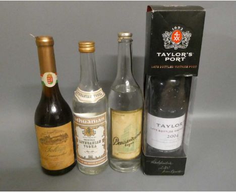 Four bottles of mixed alcohol, comprising a boxed Taylor's 2004 LBV port, a bottle of USSR vodka, a Lithuanian vodka and a Hu