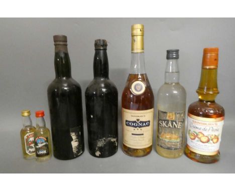 Five bottles and two miniatures of mixed port and liqueur, including two vintage but unlabelled bottles of port (one possibly