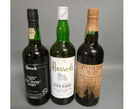 One bottle of Harrods de luxe blended scotch whisky, together with a Harrods old tawny port and a Douro Quinta do Infantado r
