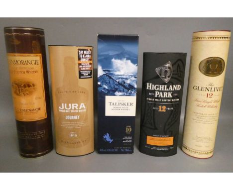 Five boxed bottles of single malt scotch whisky, comprising one Jura Journey, Highland Park 12yr old, Talisker 10yr old, Glen
