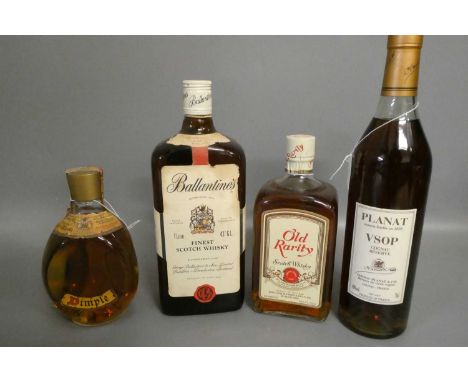 Three bottles of vintage whisky, comprising 1litre Ballantines finest Scotch whisky, 26 2/3 fl. ozs. Old Rarity Scotch whisky