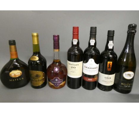 Seven bottles of mixed wine, cognac &amp; port, comprising Cruz 1997 LBV, Graham's 2003 LBV, Graham's 20yr old tawny port, a 