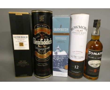 Five bottles of Scotch whisky, comprising a 12yr old Bowmore The Original in tube, a 10yr old Tomatin, 1litre Glenfiddich Pur