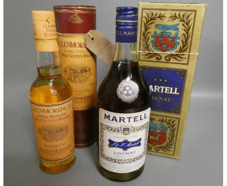 One Martell three star cognac, boxed, 24 fl. ozs., together with a 35cl 10yr old Glenmorangie single malt whisky in tube (Est