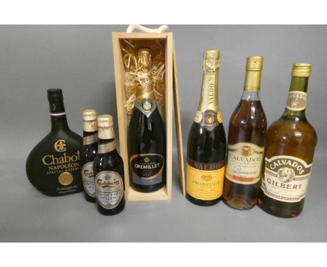 Seven bottles of mixed alcohol, comprising a 70cl 15yr old Calvados Berneroy, a 100cl Calvados Gilbert, a 70cl Chabot Napoleo