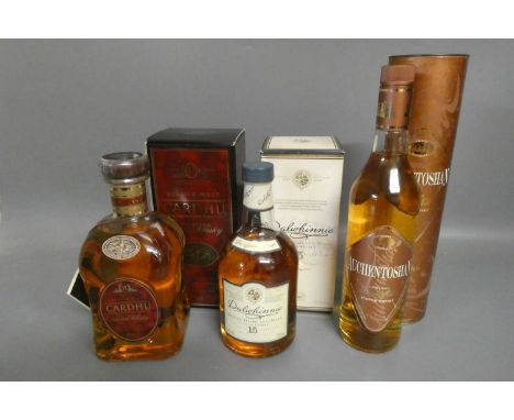 Three boxed bottles Scotch whisky, comprising a 70cl 15yr old Dalwhinnie 43%, a litre 12yr old Cardhu 40%, and a 70cl Auchent