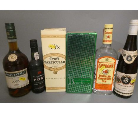 Six bottles of mixed spirits, wine and liqueur, comprising 1litre vintage Gordon's London Dry Gin, a 70cl boxed Croft particu