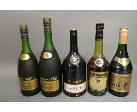 Five bottles of cognac and brandy, comprising 1litre Remy Martin fine champagne cognac, 1litre St-Remy VSOP brandy, a 68cl Ma