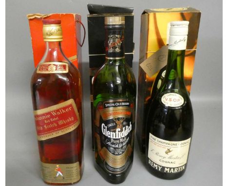 One bottle Remy Martin VSOP Fine Champagne Cognac, vitnage boxed, together with a boxed Glenfiddich Pure Malt and a boxed Joh