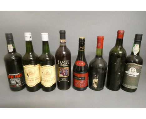 Eight bottles of alcohol, comprising a vintage bottle Laroque bordeaux, a Domaines Meffre, two Hanover Fino sherry, a de Chab