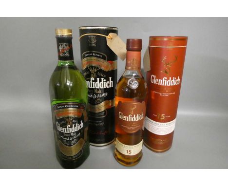 Two bottles of Glenfiddich malt scotch whisky, comprising 1litre pure malt and 70cl 15yr old Unique Solera Reserve, both in t
