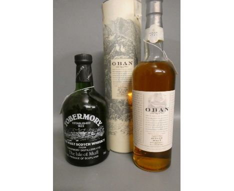One bottle of Oban 14yr old West Highland single malt whisky, with tube, together with a Tobermory Isle of Mull malt Scotch w