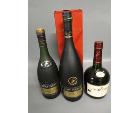 Three bottles of cognac, comprising 1litre boxed Remy Martin VSOP fine champagne cognac, a 68cl Remy Martin fine champagne co