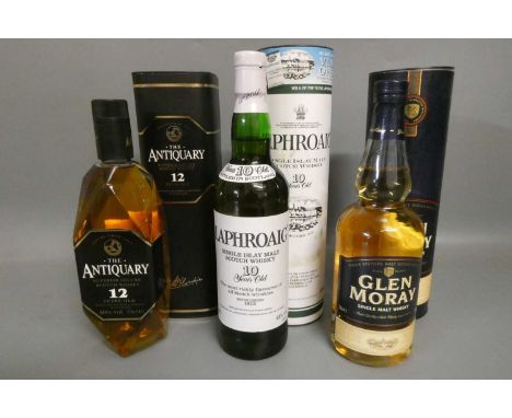 Three boxed bottles of Scotch whisky, comrpising one 70cl Laphroaig 10yr old, one 70cl Glen Moray and a 70cl The Antiquary 12