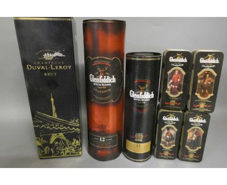 A box of whisky and champagne, comprising a 750ml boxed Duval-Leroy brut, a 70cl and a 35cl Glenfiddich 12yr old special rese