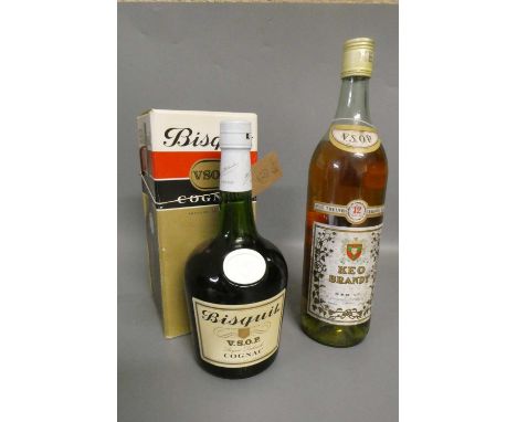 Two bottles of cognac and brandy, comprising a boxed bottle Bisquit VSOP cognac and a 1litre Keo 12yr old brandy (Est. plus 2
