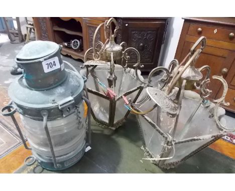 A ship's anchor lamp, together with a pair of hexagonal hall lanterns (3).
