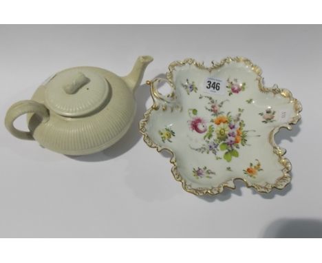 19th Century white dipped ribbed squat teapot, impressed W to the base, together with a 20th Century Dresden porcelain leaf-s