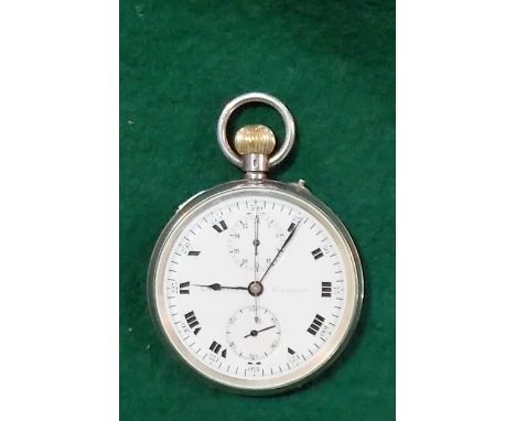 Silver open face chronometer pocket watch, the white dial with two subsidiary dials, the outer with 1/5 seconds tachometer tr