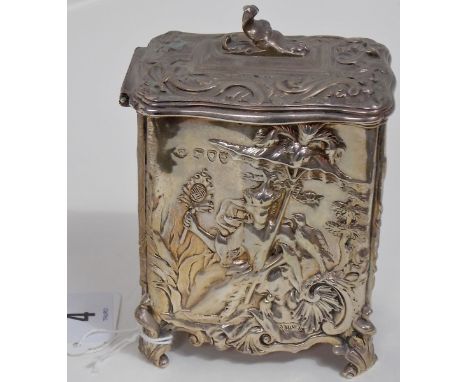 Good Victorian silver hinge lidded tea caddy of Rococo style by George Fox, rectangular section embossed and chased with a se