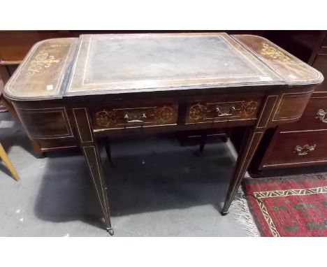 Edwardian rosewood ivory and box inlaid lady's writing table, the leather tooled writing inset flanked by two hinged D-end co