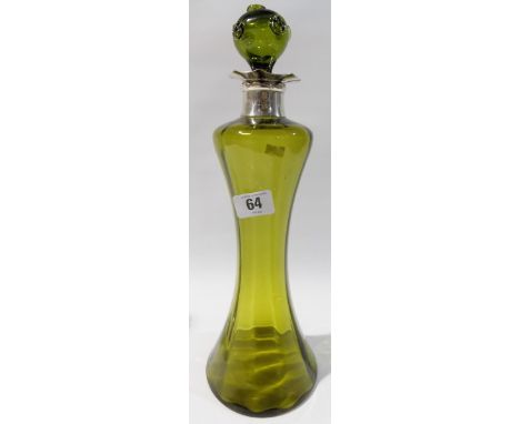 Victorian silver rim green glass decanter and stopper, London 1896, height 13.5'