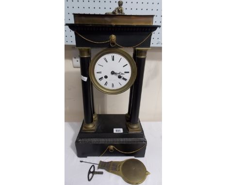 French portico two train timepiece, the white enamel 4' circular dial, signed Wiart a Cala, the ebonised brass mounted case s