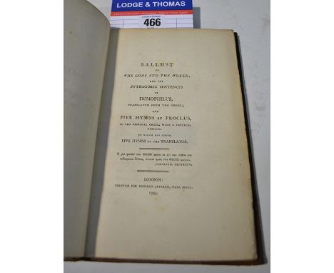 pbl. Edward Jeffrey-Sallust 'On The Gods and the World; and the Pythagoric Sentences of Demolphilus ...', first edition 1793,