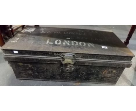 Black painted tin trunk with stencil writing, width 27'.