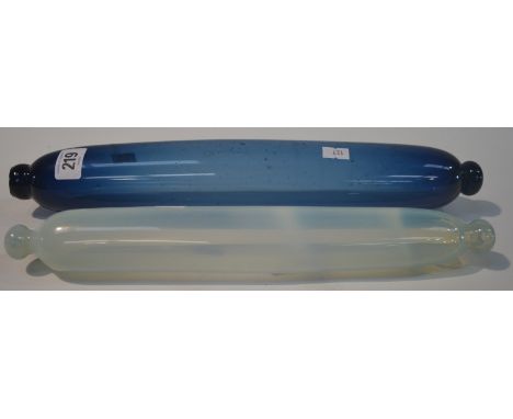 An opalescent glass rolling pin, length 14' together with a blue glass rolling pin