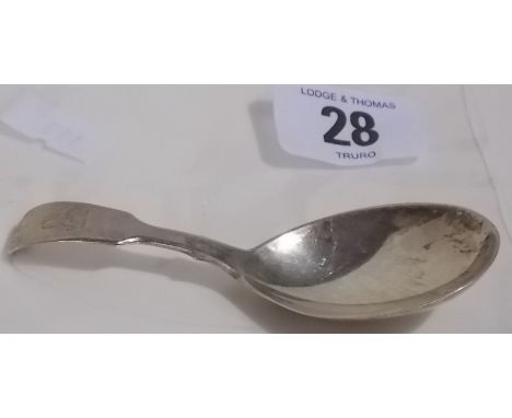 Victorian silver fiddle pattern caddy spoon by George Adams, the handle with crest, London 1855.  