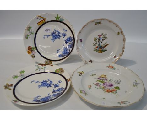 Pair of Victorian Royal Worcester desert plates decorated in Japanese taste, together with two Meissen plates, one painted wi
