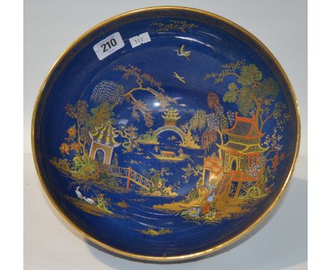 Wiltshaw & Robinson Carlton Ware fruit bowl, chinoiserie decorated in the 'New Mikado' pattern upon a blue mottled lustre gro