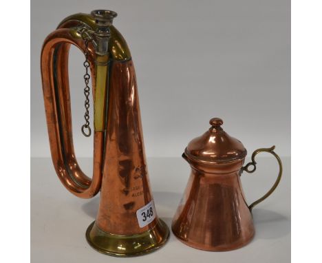 Copper and brass bugle by George Potter &amp; Co; together with a copper lidded jug