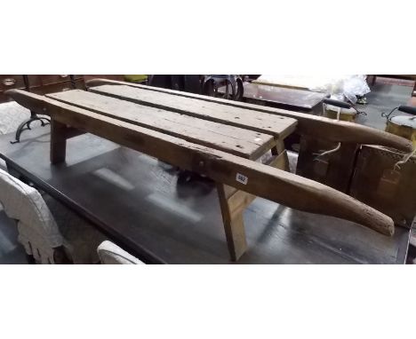 19th Century rustic pine coffin stand, width 70.5'.