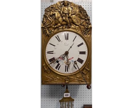 French two train comtoise wall clock, the enamel 9' circular dial signed Grel a Verteillac, within an embossed brass arched f