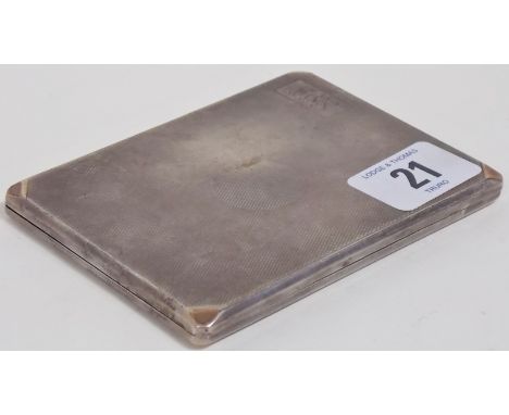 Silver engine turned rectangular cigarette case with rose gilded corners, monogram, Birmingham 1930, weight 5oz approx.  