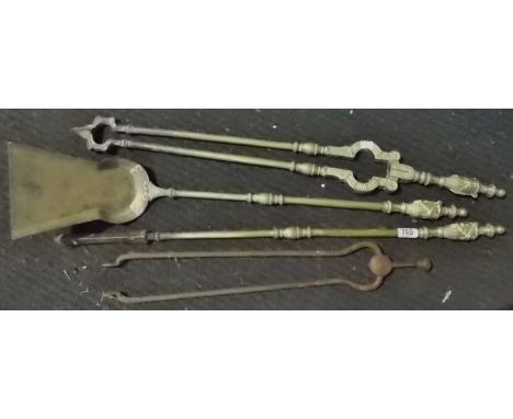 Set of three George III-style brass fire tools, each cast with an urn swag finial including a shovel, tongs and poker, togeth